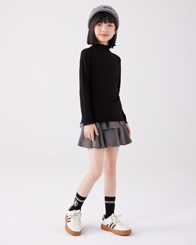 Image of ACESTAR Girls Solid Lettuce Trim Mock Neck Shirt Long Sleeve Slim Fit Ribbed Knit Tee Ruffle Tops Soft Base Layer