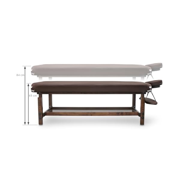 QUIRUMED WELLCORE Table de Massage Fixe en Bois avec Appui-Tête, 185-212 x 76 cm, Hauteur Réglable, Rembourrage 14 cm, avec Étagère Inférieure, Marron
