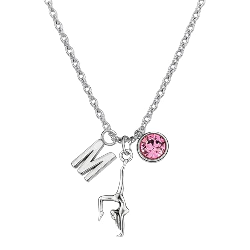 Personalized Girls Gymnastics Necklace with Letter & Birthstone Charm, Custom Gymnast...