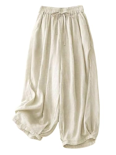 Women's Wide Leg Baggy Palazzo Linen Pants Drawstring Waist Casual Long Lantern Trousers