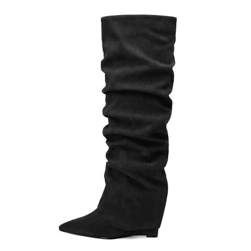 WAYDERNS Knee High Boots for Women Wedge Heel Slouchy Pointed Toe 4 Inch Pull on Tall Boots Comfortable Casual Work Party Fall Winter Shoes2