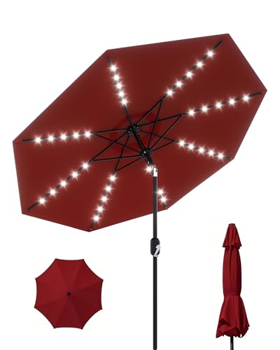 10 Ft Patio Umbrella with Solar Lights, 8 Ribs Outdoor Market Table Umbrella with 40 LED Lights & Tilt Crank for Pool, Deck, Backyard, Red
