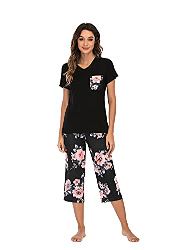 iChunhua Comfy Lounge Sets for Women Short Sleeve V-Neck Tops and Floral Print Wide Leg Pants Loose Nightwear Capri Pajama Set Soft Pj Black XL iChunhua Comfy Lounge Sets for Women Short Sleeve V-Neck Tops and Floral Print Wide Leg Pants Loose Nightwear Capri Pajama Set Soft Pj Black XL