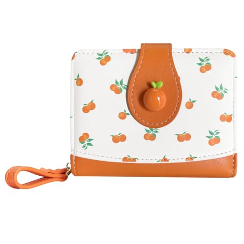 Image of Cute Print Wallet Blueberry Strawberry Cherry Wallet with Credit Card Slot Zipper Coin Pocket for Women Girls (ORANGE)