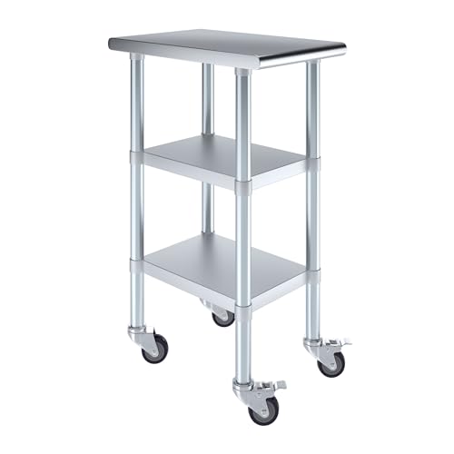 Image of AmGood Stainless Steel Work Table with 2 Shelves and Casters | Metal Utility Table On Wheels (Stainless Steel Work Table with 2 Shelves + Casters, 15 inch Long x 24 inch Deep)