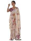 RAJESHWAR FASHION WITH RF Damen Georgette-Sari | gewellte Bordüre, Spiegelarbeit, Stickerei, Sari mit ungenähtem Blusenteil, cremefarben, One size