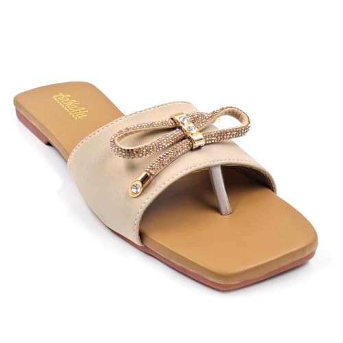 Image of flats for women stylish beige cream daily use flip flops girls slippers open square toe footwear sandals | Slides for women stylish bow accent on the toe