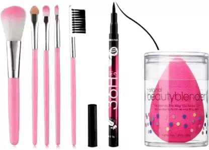 Lipcheek Soft Bristles 5 Pcs Pink Makeup Brushes Set With 36H Liquid Eyeliner And 1 Pink Beauty Blender Puff – (Pack Of 7) For Rs. 103 @ 66 %