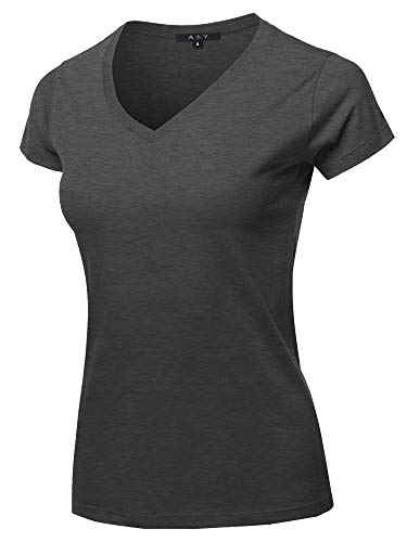Solid Ring Spun 100% Cotton Short Sleeve V Neck T Shirt Tee Heather Black M #TOP24