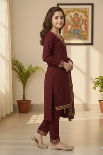 Image of Girls Stylish Rayon Lace Work Kurti with Dupatta and Pant