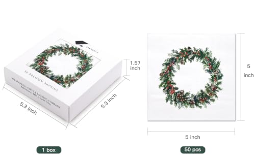 WRAPAHOLIC 50Pcs Berry Wreath Christmas Paper Napkins - 3-Ply Disposable Cocktail Napkin for Christmas Party Supplies Tableware, Xmas Holiday Party Decorative Towels - 5 x 5 In – Image 4