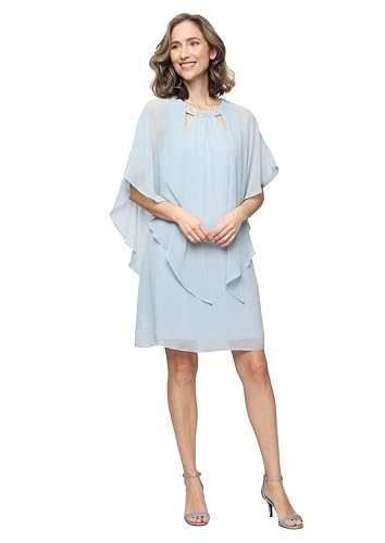 S.L. Fashions Women’s Capelet Cascade Sleeve Dress with Beaded Cutout Neckline, Special Occasion Dress