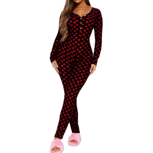 Image of HOXIJIA Women Heart Printed Rompers Long Sleeve V Neck Button Down Long Jumpsuits Bodycon Pajamas Bodysuits for Valentine(A-Black, M)