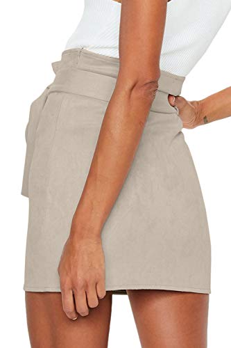 Meyeeka Womens Stretch Paperbag High Waist Faux Suede Bodycon Pencil Casual Mini Skirt Beige L #TOP1