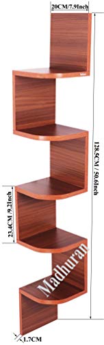 Image of Madhuran Zigzag Engineered Wood Wall Mounted Corner Shelf Unit Tiers 5 (Matte,Teak Finish) Ladder Organiser Pooja Soap Wooden Self Triangle Utility Storage Zig Zag Racks