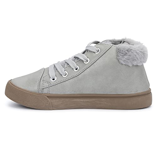 Olivia Miller Kid's Girl Fashion Shoes, Grey Fur Cuff Rubber Sole Lace Up Slip On Round Toe Casual Classic Comfortable High Top Flat Fashion Sneakers #TOP2