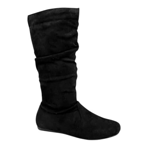 Forever Link Women Round Toe Slouch Flat Mid Calf Knee High Boots Selena-23 Black Suede 8