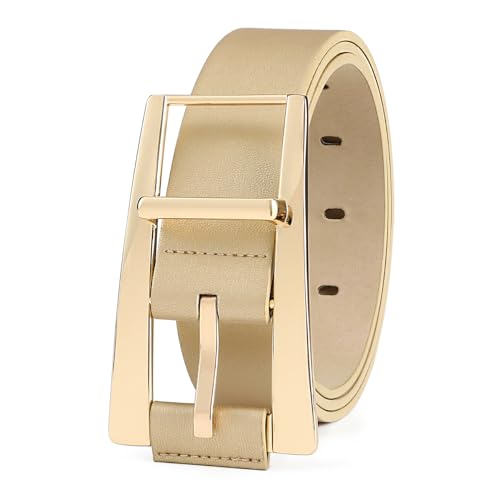 Women Casual Leather Gold Belt for Jeans Pants, Fashion Ladies Girls Gold Faux Leather Waist Belt2