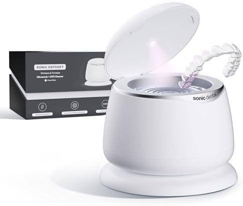 Sonic Odyssey Portable & Wireless Ultrasonic Cleaner for Aligners Retainers Dentures & Mouthguards, Multi-Frequency Clean 45–50 kHz, 3 & 5 Minute Cycles, For Oral Dental Care (Pearl White)