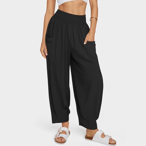 Womens Linen Boho Pants Summer Casual High Waisted Baggy Trousers Cargo Lounge Harem Pant 2025 Beach Vacation Outfits2