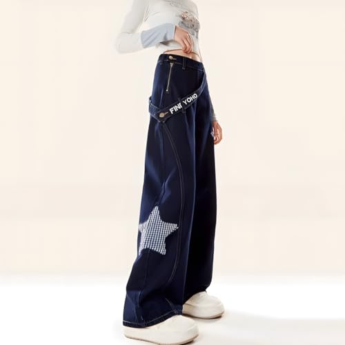 Y2K Gothic Grunge Kawaii Clothes Vintage Casual Straight Wide Leg Plaid Stars Applique Decor Jeans for Women3