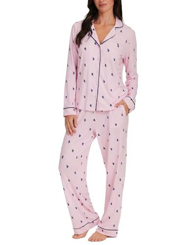 Image of U.S. POLO ASSN. Womens Lightweight Notch Collar Pajama Set | Classic Button Down Pajamas for Women with Long Sleeve Top and Pajama Pants