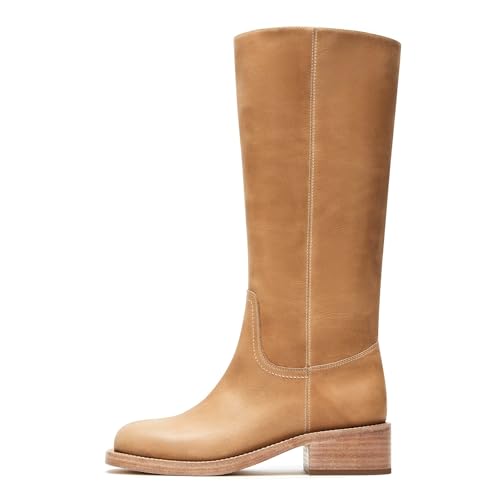 Image of DOEYG Women's Banana Knee High Boots Square Toe Chunky Block Heel Tall Boots Wide Calf Fashion Comfortable Casual Pull on Long Boots