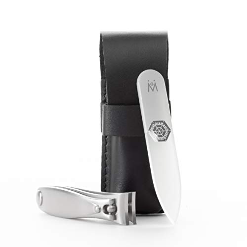 GERMANIKURE Nail clipper and Glass Nail File Set in Black Leather Case - Made in Solingen Germany of FINOX Stainless Steel, Glass Nail Care Supplies Made in Czech Republic