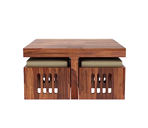 Image of Craft D Arts Sheesham Wood Coffee Table with 4 Stools - Small Brown Wooden Center Table for Living Room (Provincial Teak)