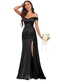 Huaxiafan Mermaid Bridesmaid Dress Long Off The Shoulder Side Slit Trumpet Satin Black Evening Dresses for Women Size 8