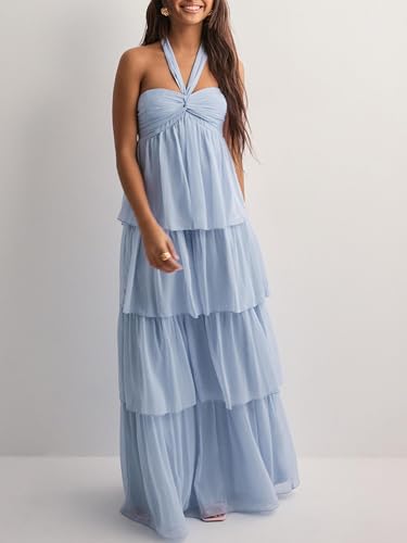 Image of Women Y2k Backless Long Dress Halter Tie Neck Maxi Dress Flowy Beach Sundress Summer Streetwear