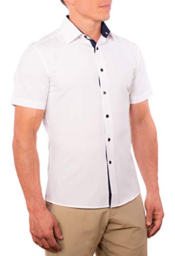 CC Performance Slim Fit Short Sleeve Button Down Shirts for Men | Wrinkle Resistant Casual Button Up Shirts for Men White-Navy