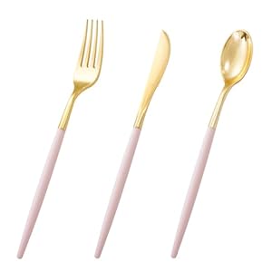 I00000 60 Pcs Gold Plastic Silverware, Disposable Flatware with Pink Handle, Gold Plastic Cutlery Includes: 20 Forks, 20 Knives and 20 Spoons, Gold Tableware for Parties, Weddings & Dinner