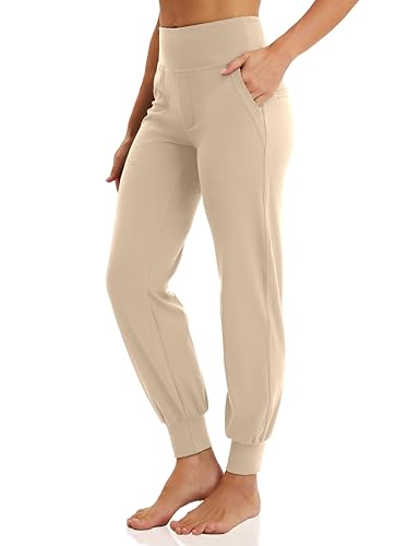 VOOVEEYA Women's Joggers with Pockets Tapered Yoga Pants High Waisted Khaki