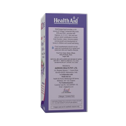 Image of HealthAid KidzOmega Syrup - Omega-3 DHA with Vitamins C, D & E | 200ml Mixed Berry Flavor | Supports Brain, Vision & Immune Health | Easy-to-Take Liquid Supplement for Children(Pack of 2)