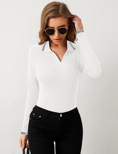 Image of Rapbin Women's V Neck Long Sleeve Ribbed Knit Pullover Sweater Slim Fitted Casual Basic Tee Tops