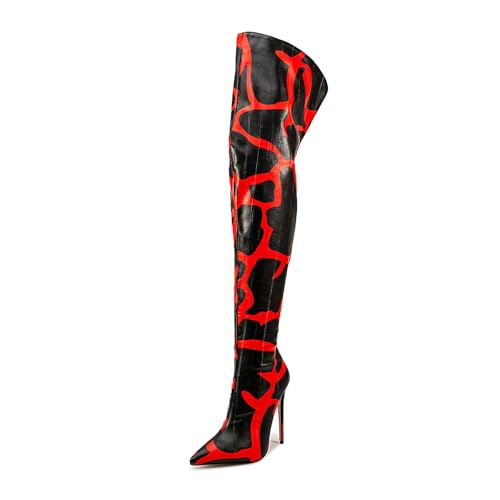 Image of Thigh high boots for women striped Back zipper Burgundy Zebra Print Over the knee Sexy gold white pointed toe Cow Print leopard Magenta stiletto heel