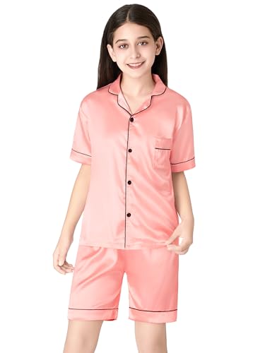 Beezizac Little & Big Girls Pajama Set Size 6-16 -Pink/Blue/Turquoise/Peach Satin Silky Cute Summer Shorts Outfit4
