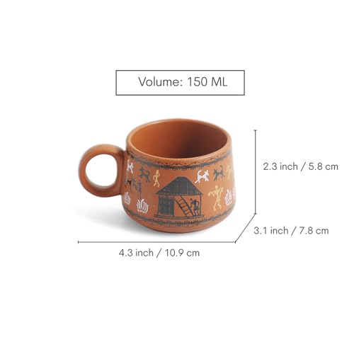 Image of ExclusiveLane 'Warli Village Tales' Ceramic Tea Cups Set of 6 for Tea Cups Ceramic (150 ml, Microwave Safe, Dishwasher Safe)| Coffee Cup Set Ceramic Cups Set of 6 Tea Cup Ceramic Drinkware