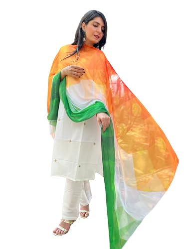 EthnicJunction Women's Chiffon Tie&Dye Tricolor Triranga Dupatta ...