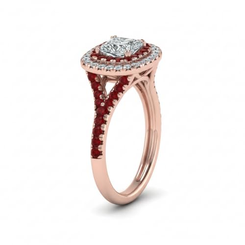 Image of Choose Your Gemstone Delicate Double Halo Diamond CZ Ring Rose Gold Plated Princess Shape Halo Engagement Rings Matching Jewelry Wedding Jewelry Easy to Wear Gifts US Size 4 to 12