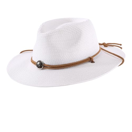 Image of Home Prefer UPF50+ Men's Wide Brim Straw Fedora Sun Hat with Badge Lanyard