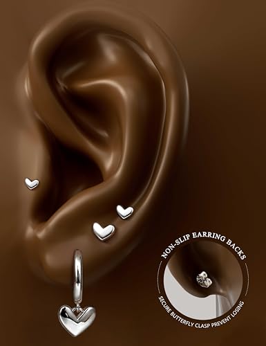 Florideco 4-Piece 925 Sterling Silver Hypoallergenic Earring Set – Trendy Small Hoops & Heart Studs for Women, Perfect for Layering and Cartilage Stacking - Image 6