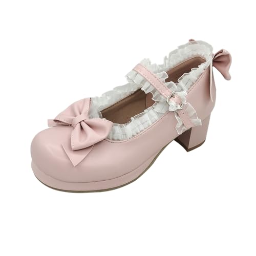 Lolita Mary Janes Shoes for Women Cosplay Kawaii Chunky Heels Dress Pumps with Bow