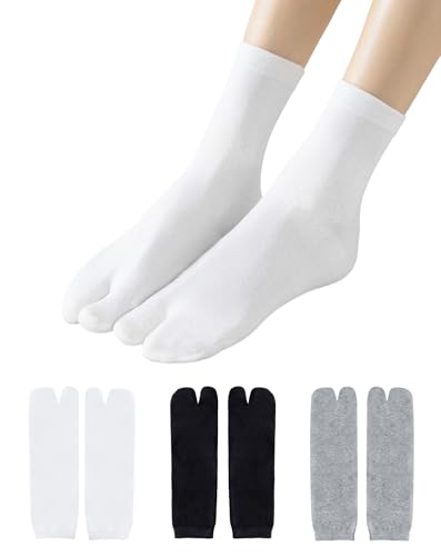 Yawlsow 3 Pairs Tabi Socks Flip Flop Socks Japanese Split Toe Cotton Crew Sock for Women Men Unisex (US Alpha One Size Regular Regular White+Black+Grey)