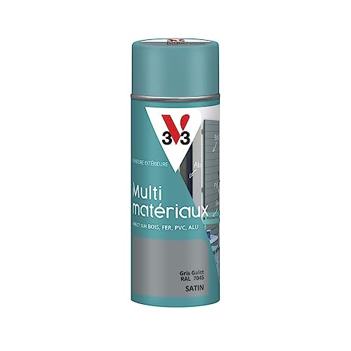 V33 - Aérosol - Bombe Peinture Extérieure Multi-matériaux - Peinture Antirouille - Mobiliers, Fenêtres, Portails, Grilles - Séchage Rapide et Tendu Bon - Teinte Gris Galet Satin RAL 7045-400ml