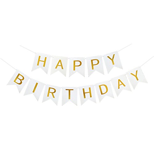 Happy Birthday Banner With Shiny Gold Letters, Swallowtail Design Hanging Signs Party Decorations (White)