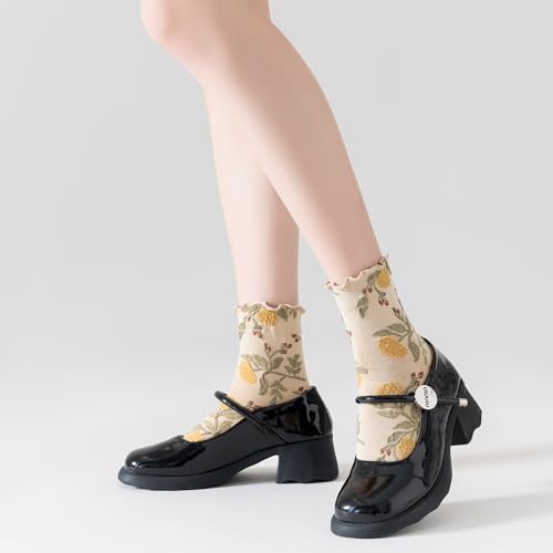 Image of Womens Ruffle Crew Socks Vintage Patterned Ankle Casual Fashion Dress Sock Cute Lettuce Floral Socks 5 /6 Pack
