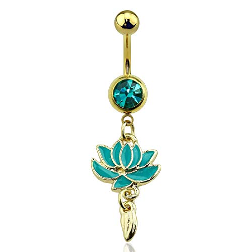 Pierced Owl 14G Gold Plated Stainless Steel Teal Crystal Lotus Flower Dangling Belly Button Ring #TOP7