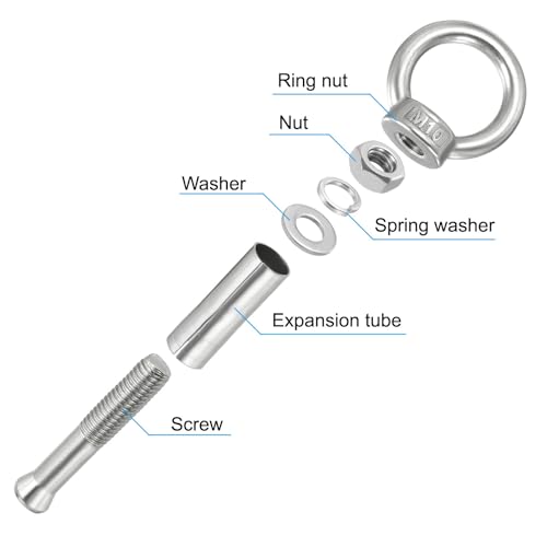 Image of PATIKIL Expansion Eye Bolt M10x60mm, 2 Pack 304 Stainless Steel Shoulder Anchors Eyebolt Screw with Eye Ring for Concrete Brick Walls Canopy Engineering Rigging Silver
